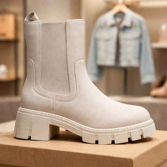 TINSTREE Chelsea Boots Womens Size 8 white Mid-Calf Lug Sole Pull-On - Picture 3 of 4